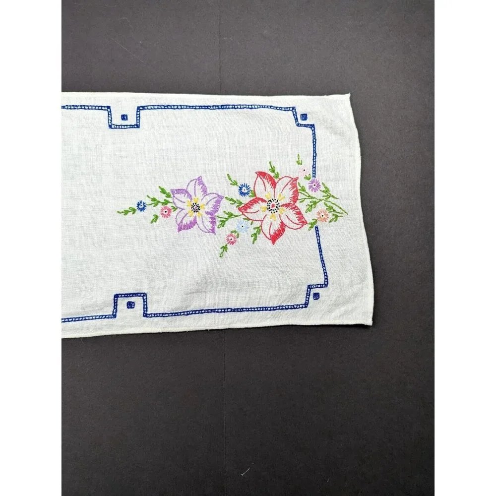Vintage Table Runner White Colorful Floral Embroidered Rectangular 36 x 11.5